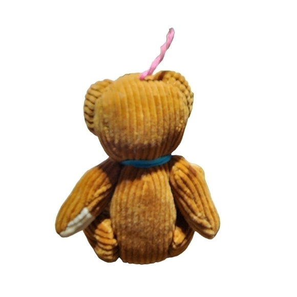 Vintage mini Corduroy bear ornament tan with blue bow moveable - Picture 6 of 13
